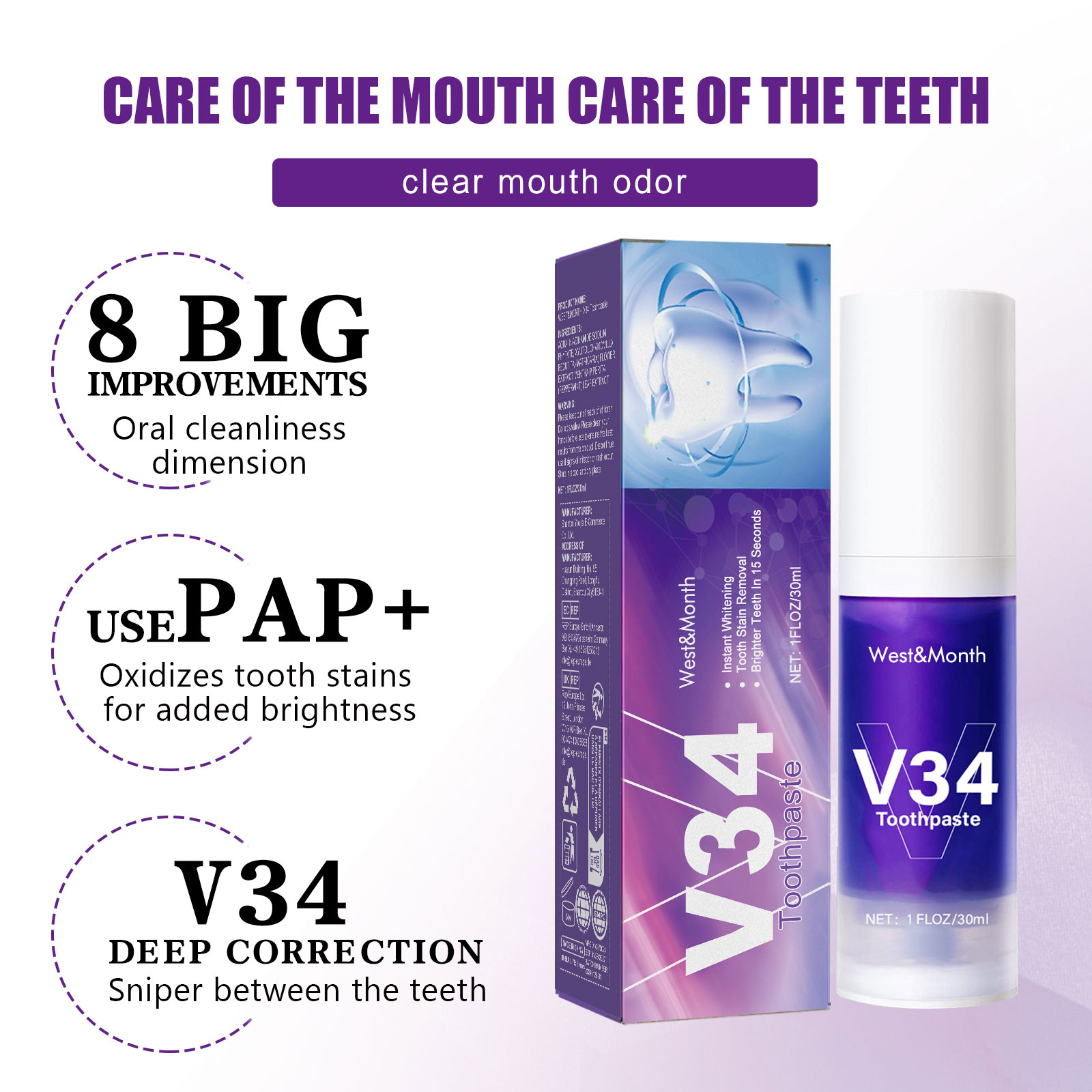 V34 Paarse Tandpasta Reiniging - Teeth Whitening Mousse recensie en prijs